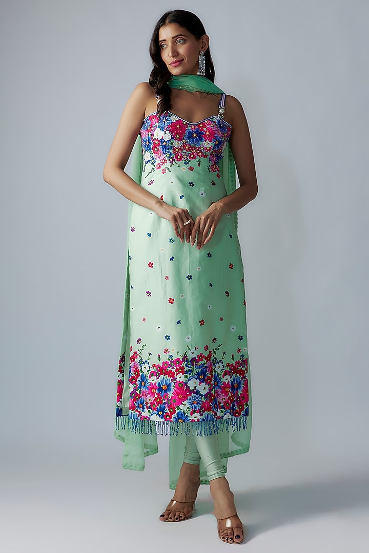 Green Cotton Floral Printed & Bead Embroidered Kurta Set by LABEL PRIYANKA KAR at Pernia's Pop Up Shop