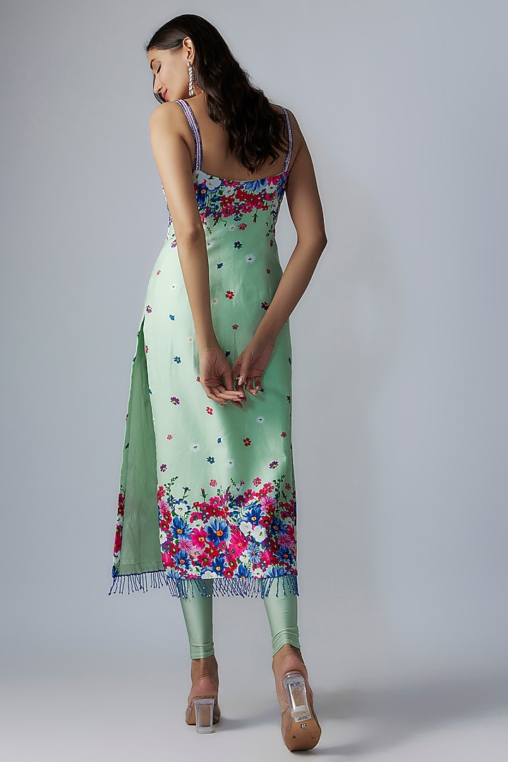Green Cotton Floral Printed & Bead Embroidered Kurta Set by LABEL PRIYANKA KAR at Pernia's Pop Up Shop