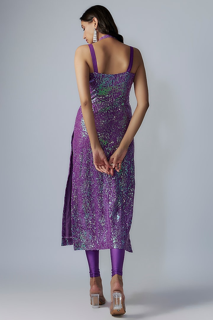 Purple Georgette Sequins Embroidered Kurta Set by LABEL PRIYANKA KAR at Pernia's Pop Up Shop
