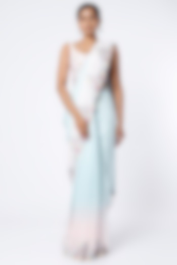 Sky Blue & Baby Pink Embroidered Ombre Wedding Saree Set by LABEL PRIYANKA KAR at Pernia's Pop Up Shop