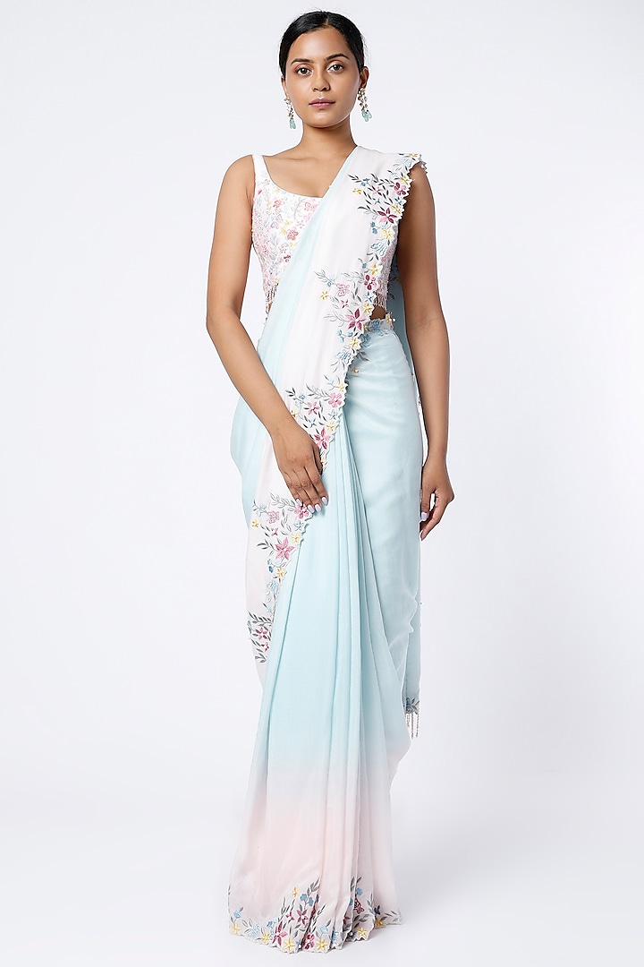 Sky Blue & Baby Pink Embroidered Ombre Wedding Saree Set by LABEL PRIYANKA KAR at Pernia's Pop Up Shop