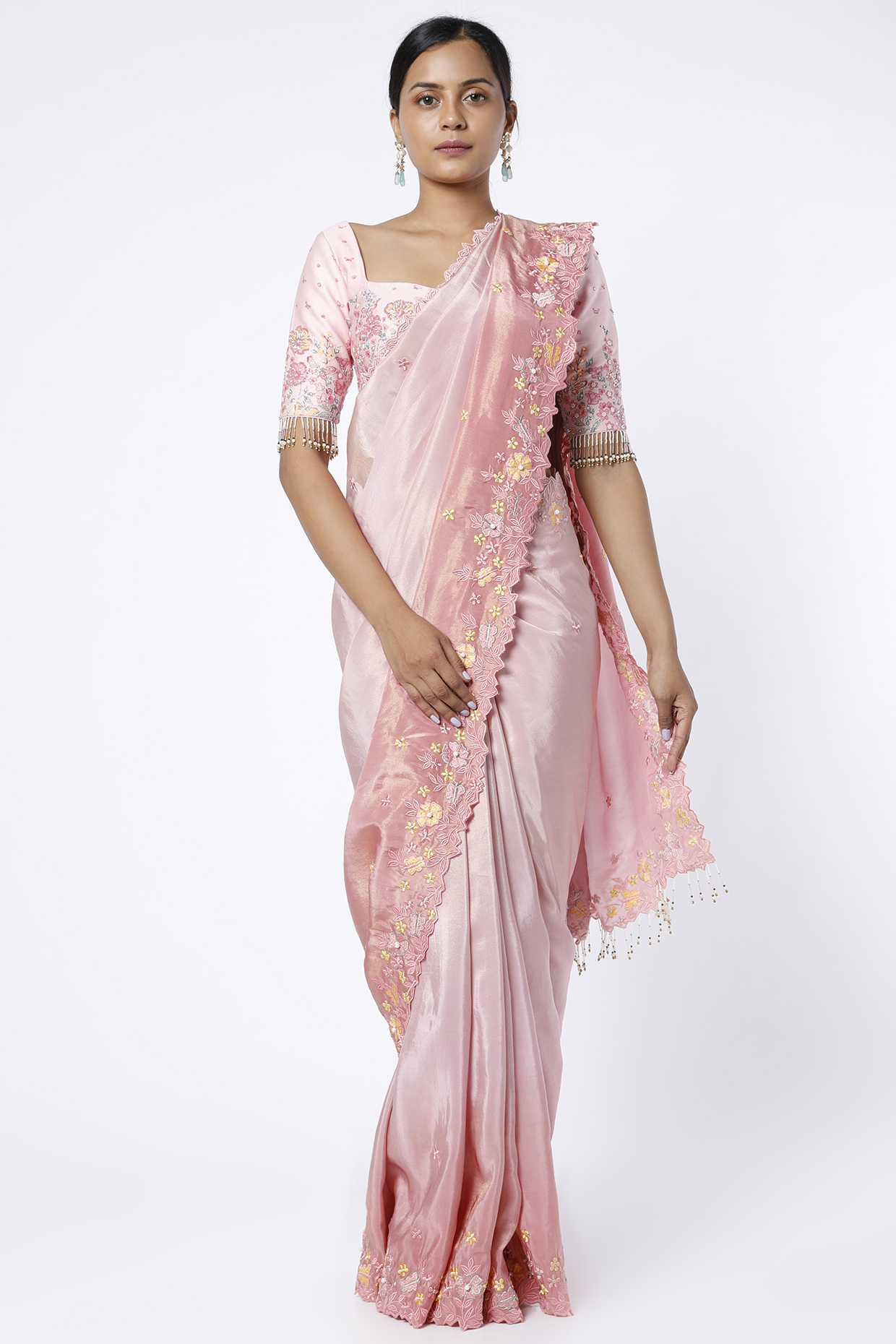 Peach Embroidered Ombre Wedding Saree Set by LABEL PRIYANKA KAR at Pernia's Pop Up Shop