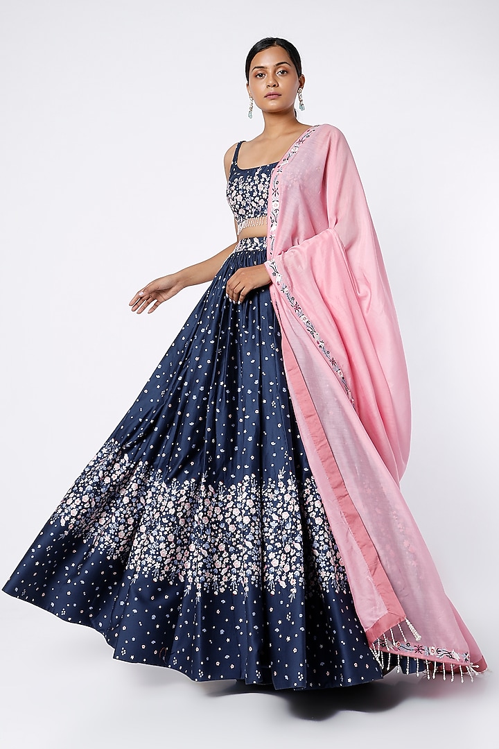 Indigo Blue Aari Embroidered Wedding Lehenga Set by LABEL PRIYANKA KAR at Pernia's Pop Up Shop