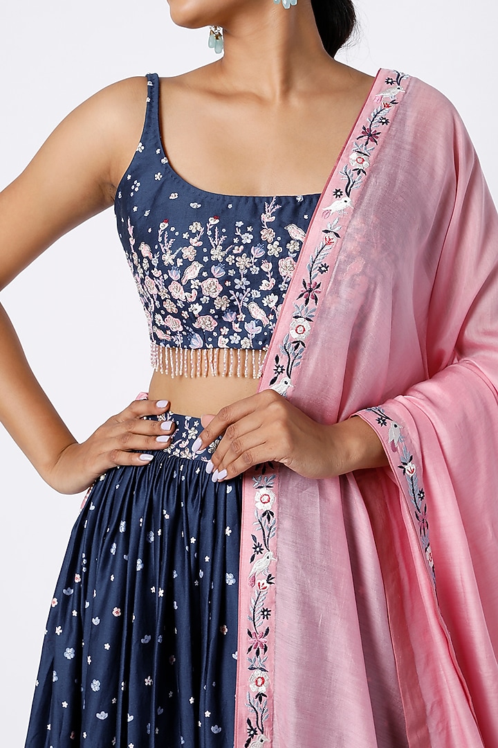 Indigo Blue Aari Embroidered Wedding Lehenga Set by LABEL PRIYANKA KAR at Pernia's Pop Up Shop