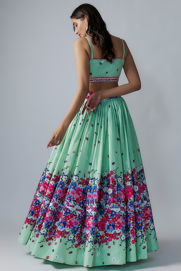 Green Cotton Floral Printed & Cutdana Embroidered Wedding Lehenga Set by LABEL PRIYANKA KAR at Pernia's Pop Up Shop