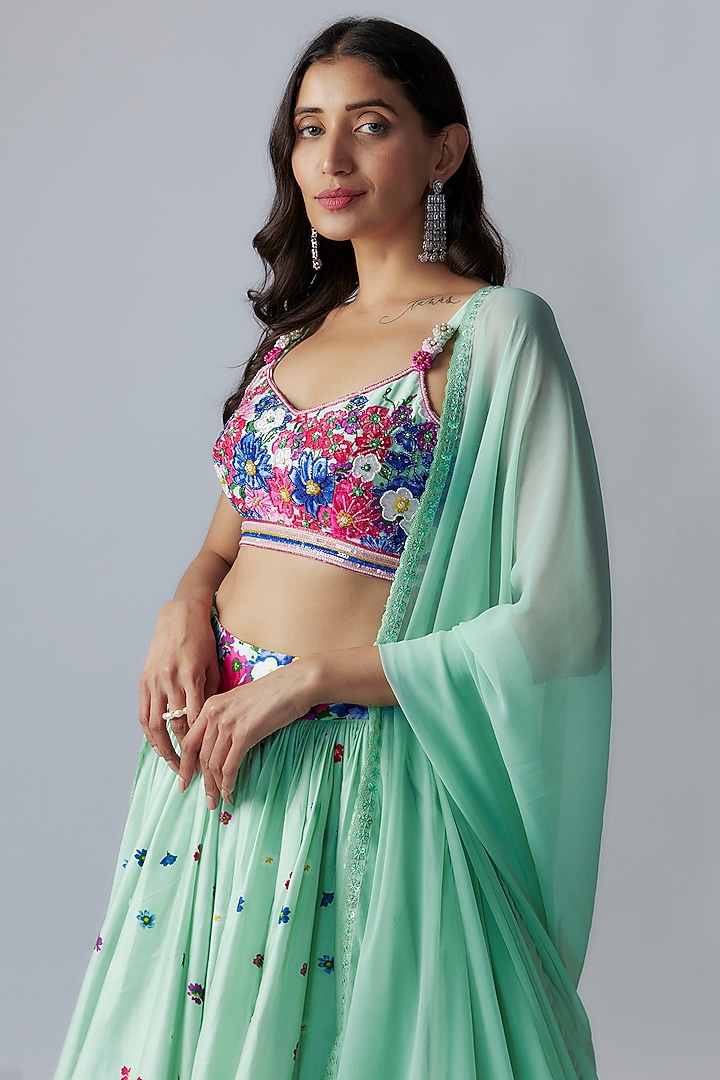 Green Cotton Floral Printed & Cutdana Embroidered Wedding Lehenga Set by LABEL PRIYANKA KAR at Pernia's Pop Up Shop