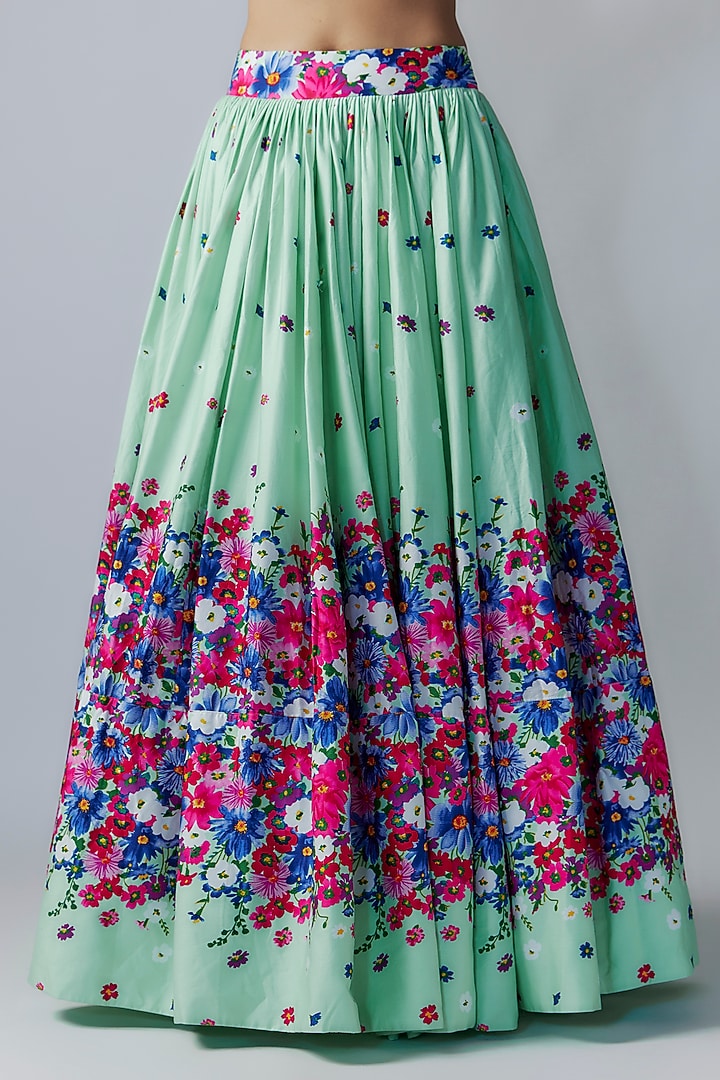 Green Cotton Floral Printed & Cutdana Embroidered Wedding Lehenga Set by LABEL PRIYANKA KAR at Pernia's Pop Up Shop