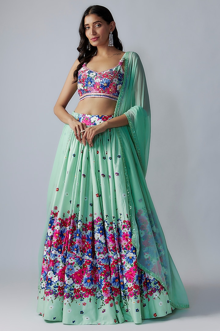 Green Cotton Floral Printed & Cutdana Embroidered Wedding Lehenga Set by LABEL PRIYANKA KAR at Pernia's Pop Up Shop