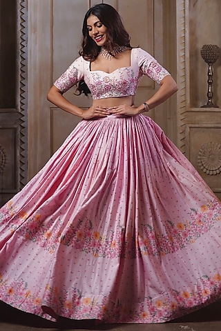 Peach Cotton Floral Printed Lehenga Set by LABEL PRIYANKA KAR