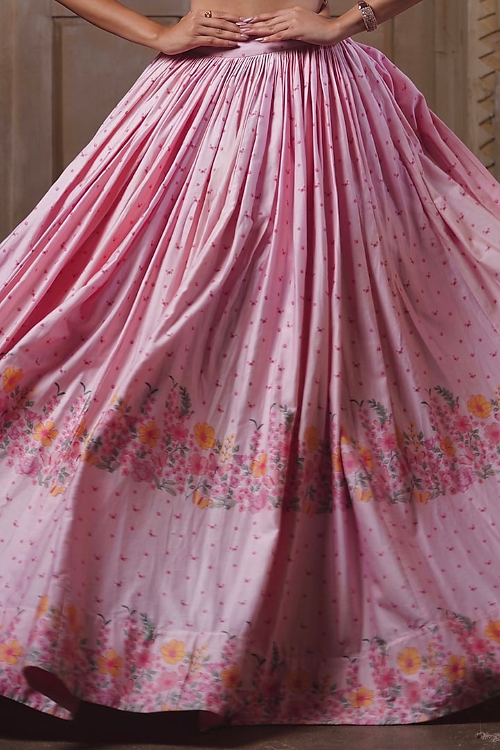 Peach Cotton Floral Printed Wedding Lehenga Set by LABEL PRIYANKA KAR at Pernia's Pop Up Shop