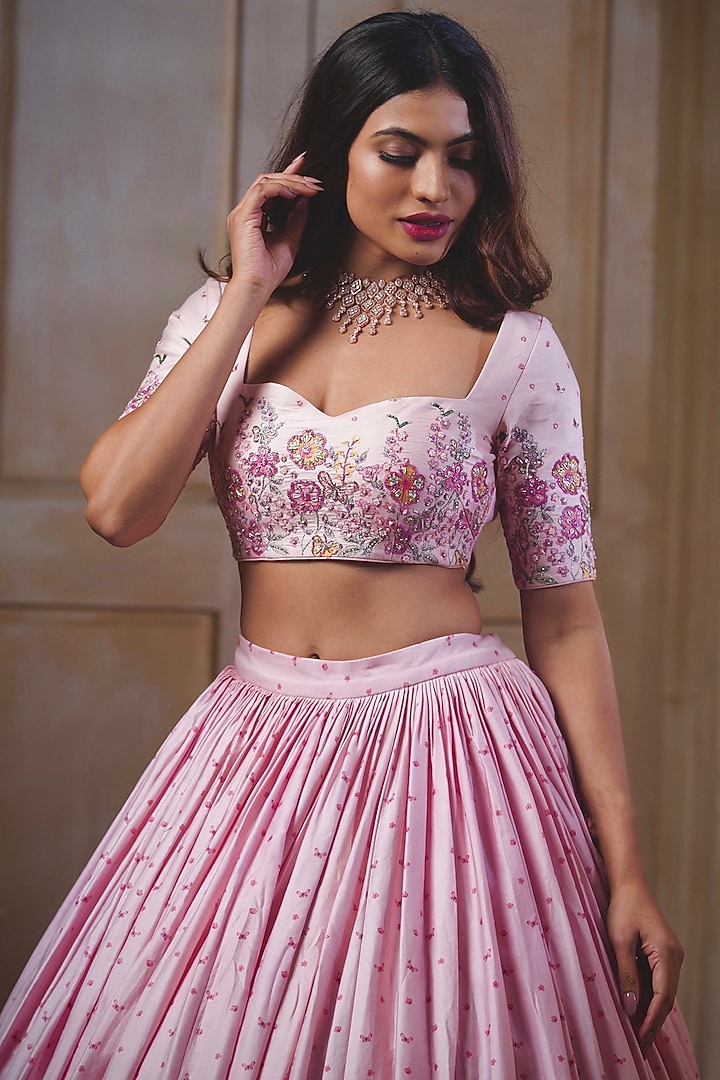 Peach Cotton Floral Printed Wedding Lehenga Set by LABEL PRIYANKA KAR at Pernia's Pop Up Shop