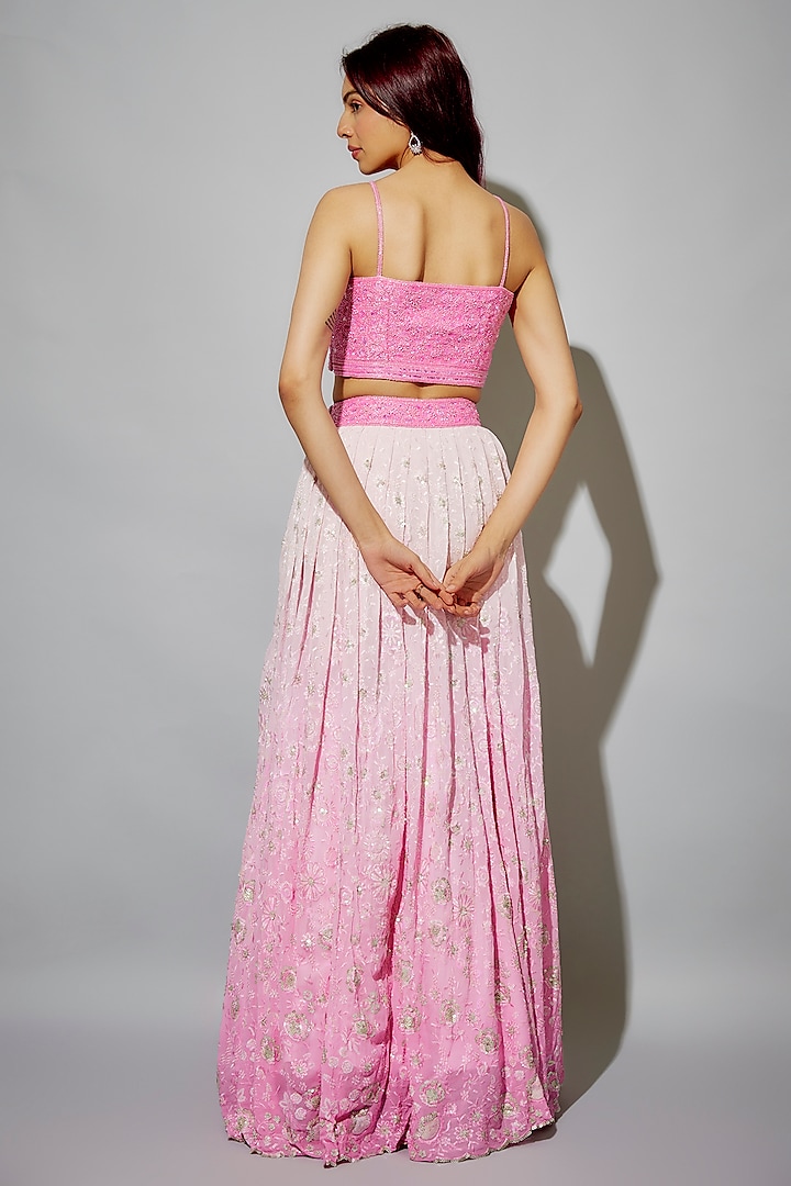 Pink Georgette & Sequins Embroidered Ombre Wedding Lehenga Set by LABEL PRIYANKA KAR at Pernia's Pop Up Shop