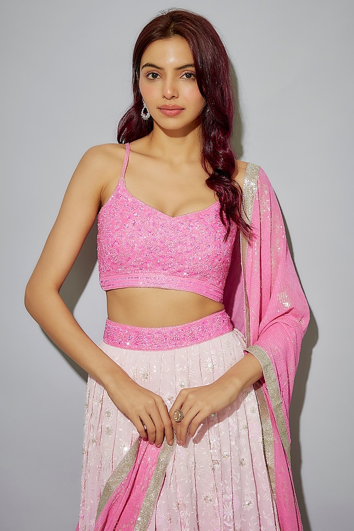 Pink Georgette & Sequins Embroidered Ombre Wedding Lehenga Set by LABEL PRIYANKA KAR at Pernia's Pop Up Shop