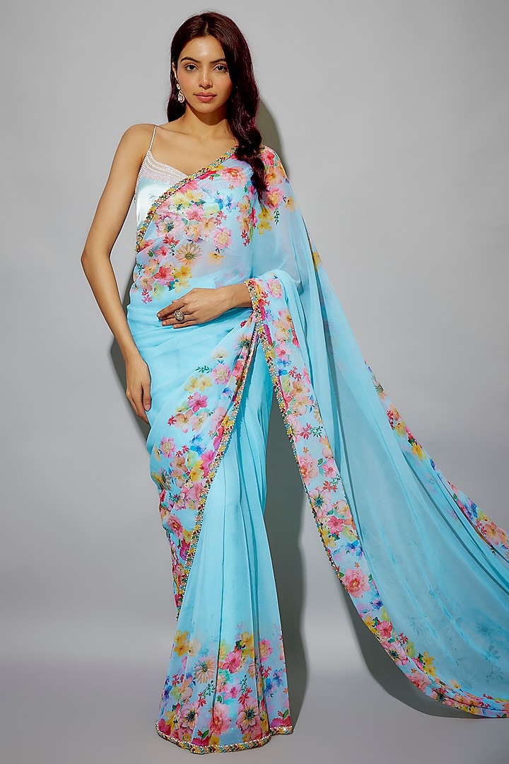 Ice Blue Viscose Blend Floral Printed Pre-Draped Saree Set by LABEL PRIYANKA KAR