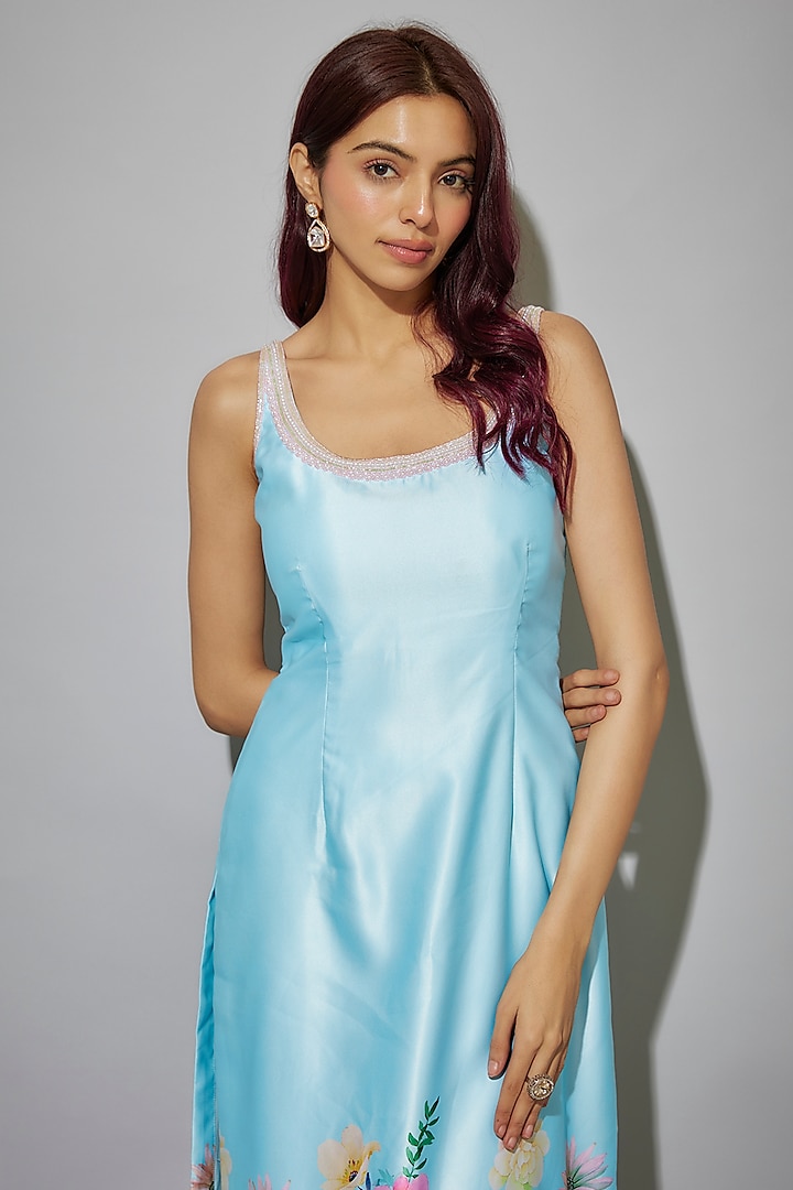 Ice Blue Viscose Blend Floral Printed Kurta Set by LABEL PRIYANKA KAR at Pernia's Pop Up Shop