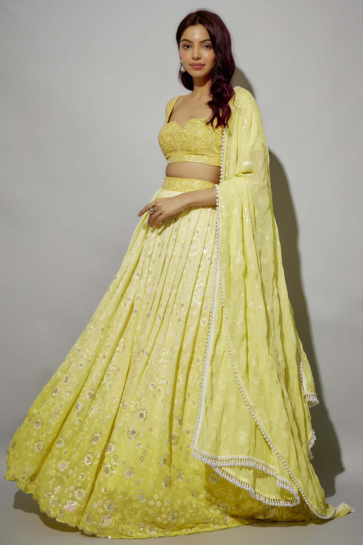 Yellow Georgette & Sequins Embroidered Ombre Wedding Lehenga Set by LABEL PRIYANKA KAR at Pernia's Pop Up Shop