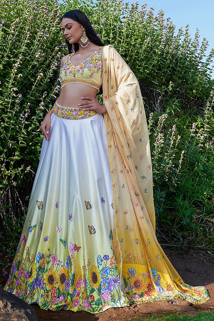 Yellow Double Satin Floral Hand Embroidered Ombre Bridal Lehenga Set by LABEL PRIYANKA KAR at Pernia's Pop Up Shop