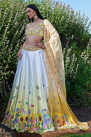 Yellow Double Satin Floral Hand Embroidered Ombre Lehenga Set by LABEL PRIYANKA KAR