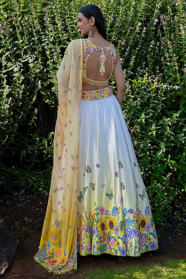 Yellow Double Satin Floral Hand Embroidered Ombre Bridal Lehenga Set by LABEL PRIYANKA KAR at Pernia's Pop Up Shop