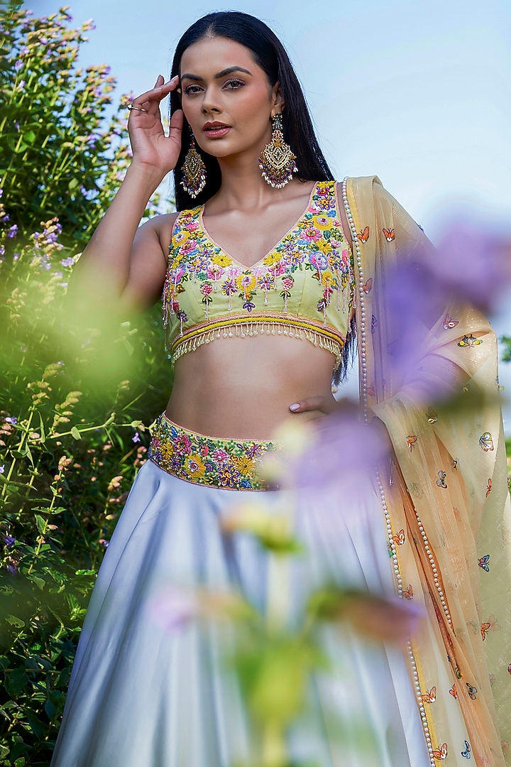 Yellow Double Satin Floral Hand Embroidered Ombre Bridal Lehenga Set by LABEL PRIYANKA KAR at Pernia's Pop Up Shop
