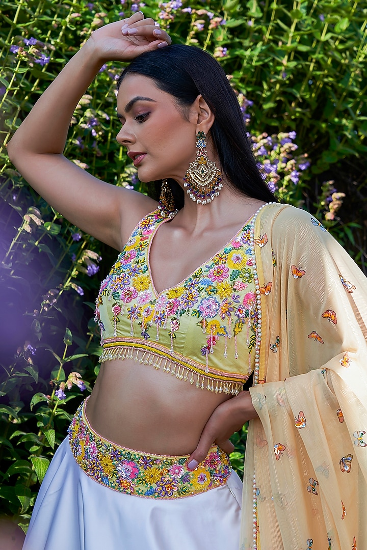 Yellow Double Satin Floral Hand Embroidered Ombre Bridal Lehenga Set by LABEL PRIYANKA KAR at Pernia's Pop Up Shop