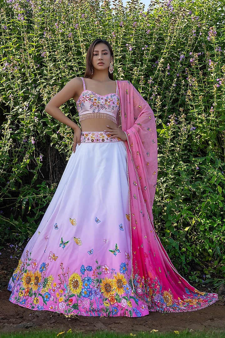 Pink Double Satin Floral Hand Embroidered Bridal Lehenga Set by LABEL PRIYANKA KAR at Pernia's Pop Up Shop