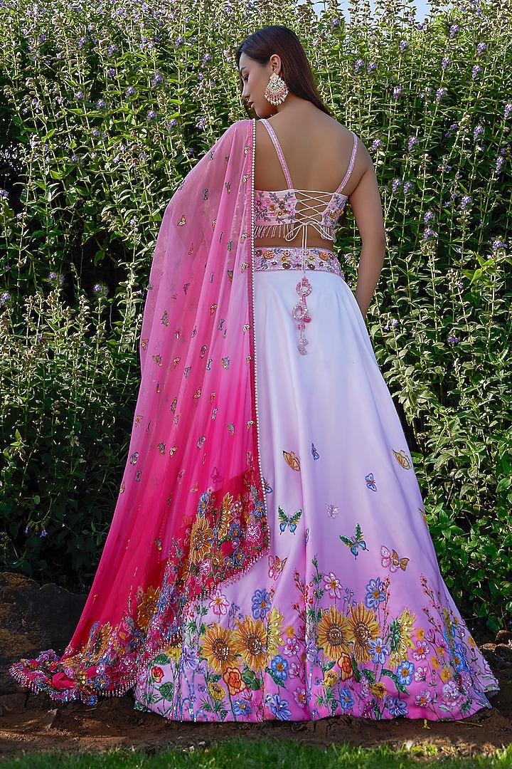 Pink Double Satin Floral Hand Embroidered Bridal Lehenga Set by LABEL PRIYANKA KAR at Pernia's Pop Up Shop