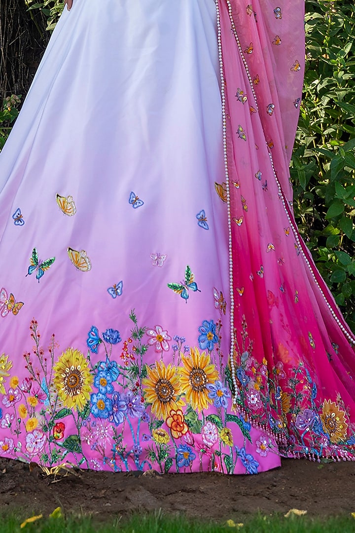 Pink Double Satin Floral Hand Embroidered Bridal Lehenga Set by LABEL PRIYANKA KAR at Pernia's Pop Up Shop