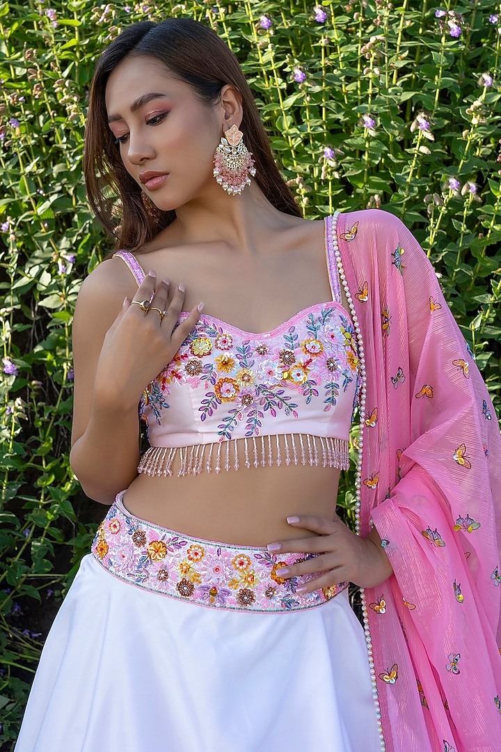 Pink Double Satin Floral Hand Embroidered Bridal Lehenga Set by LABEL PRIYANKA KAR at Pernia's Pop Up Shop
