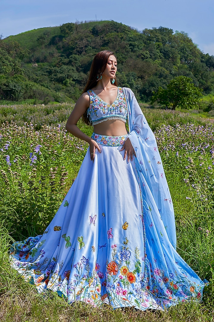 Blue Double Satin Floral Hand Embroidered Wedding Lehenga Set by LABEL PRIYANKA KAR at Pernia's Pop Up Shop