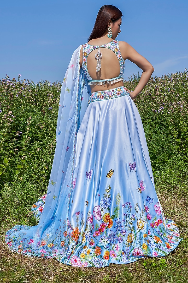 Blue Double Satin Floral Hand Embroidered Wedding Lehenga Set by LABEL PRIYANKA KAR at Pernia's Pop Up Shop