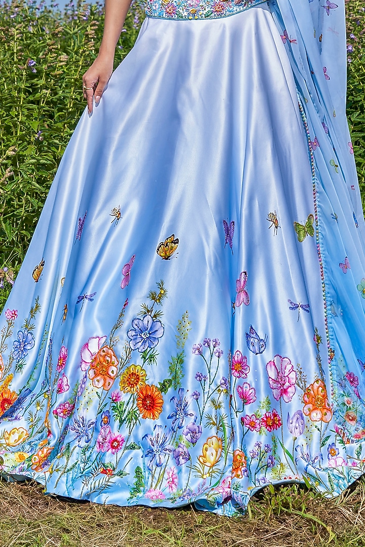 Blue Double Satin Floral Hand Embroidered Wedding Lehenga Set by LABEL PRIYANKA KAR at Pernia's Pop Up Shop