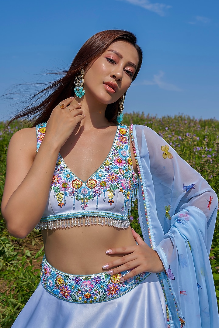 Blue Double Satin Floral Hand Embroidered Wedding Lehenga Set by LABEL PRIYANKA KAR at Pernia's Pop Up Shop
