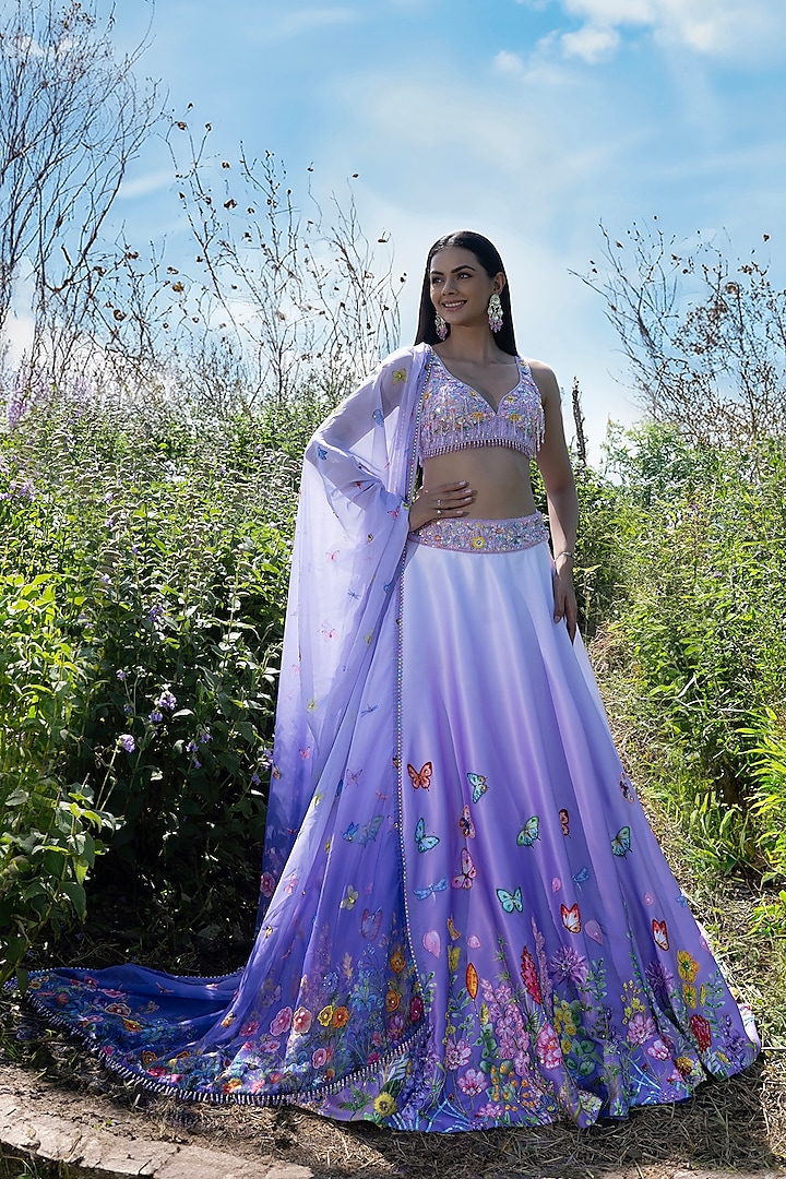 Purple Ombre Double Satin Floral Hand Embroidered Wedding Lehenga Set by LABEL PRIYANKA KAR at Pernia's Pop Up Shop