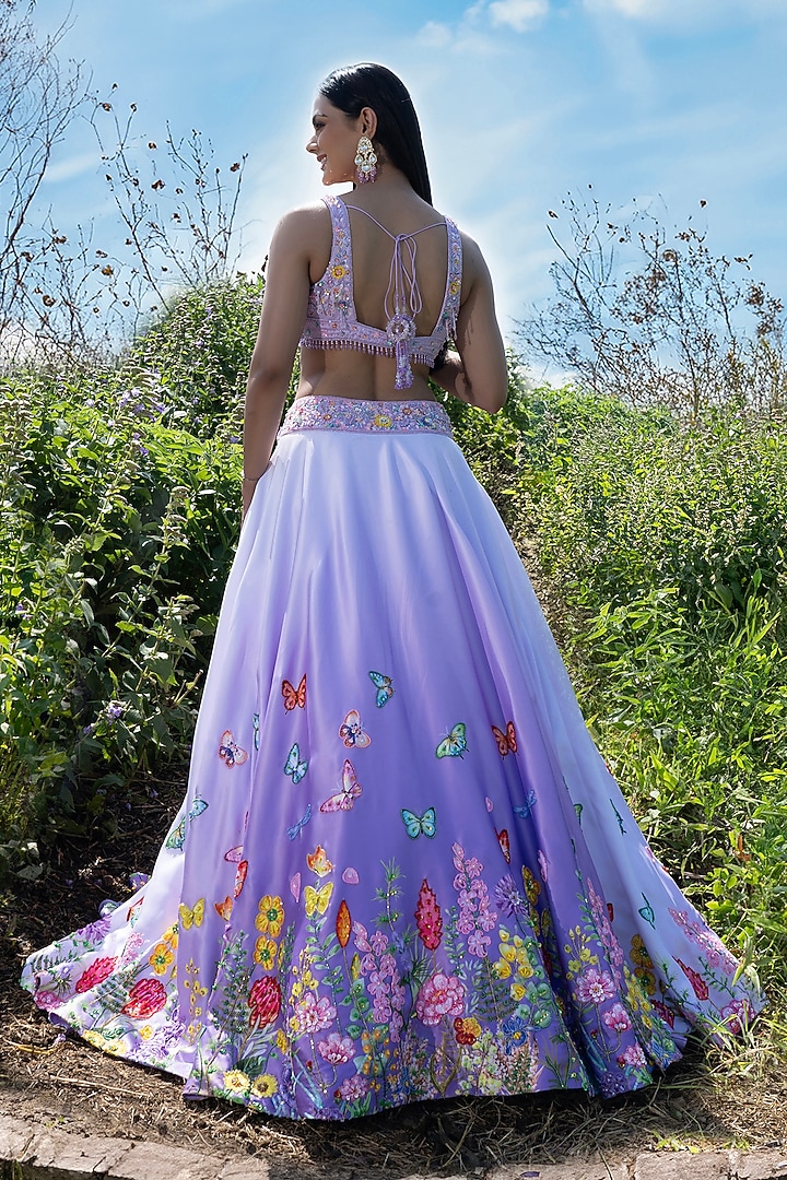 Purple Ombre Double Satin Floral Hand Embroidered Wedding Lehenga Set by LABEL PRIYANKA KAR at Pernia's Pop Up Shop