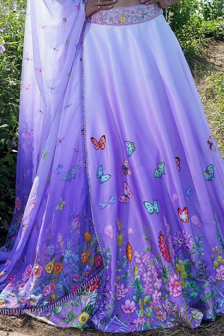 Purple Ombre Double Satin Floral Hand Embroidered Wedding Lehenga Set by LABEL PRIYANKA KAR at Pernia's Pop Up Shop