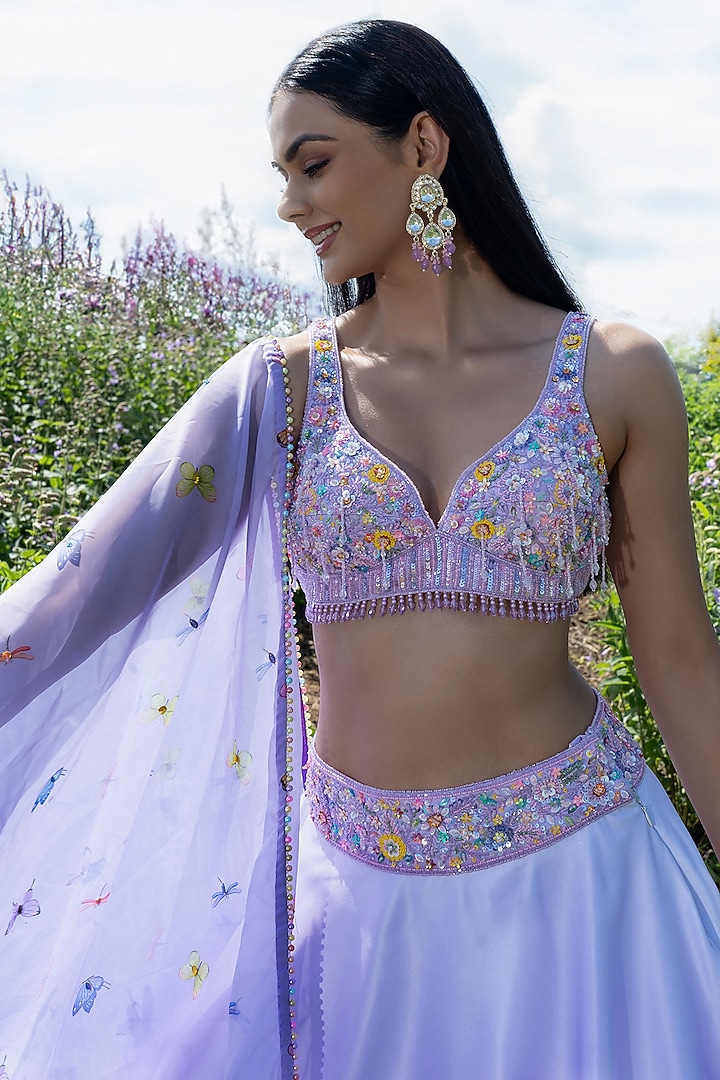 Purple Ombre Double Satin Floral Hand Embroidered Wedding Lehenga Set by LABEL PRIYANKA KAR at Pernia's Pop Up Shop