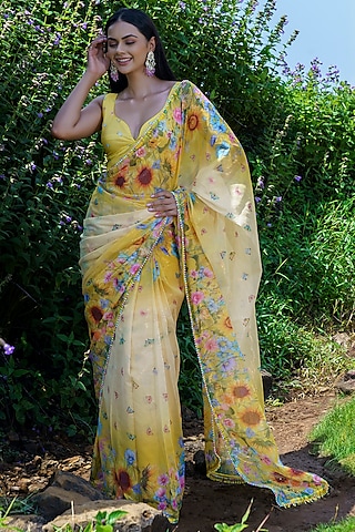 Yellow Lurex Georgette Floral Hand Embroidered Pre-Draped Saree set by LABEL PRIYANKA KAR