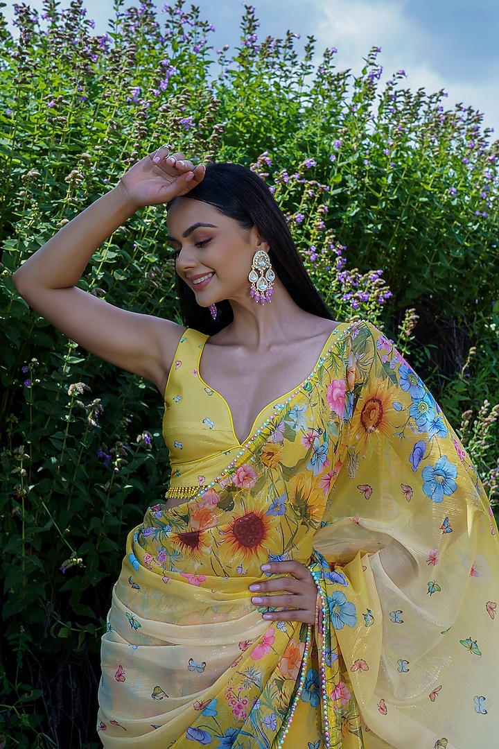 Yellow Lurex Georgette Floral Hand Embroidered Pre-Draped Party Wear Saree set by LABEL PRIYANKA KAR at Pernia's Pop Up Shop