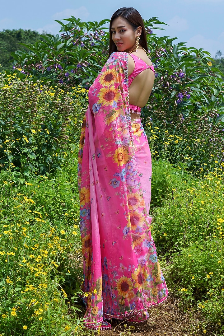 Pink Lurex Georgette Floral Hand Embroidered Pre-Draped Party Wear Saree set by LABEL PRIYANKA KAR at Pernia's Pop Up Shop