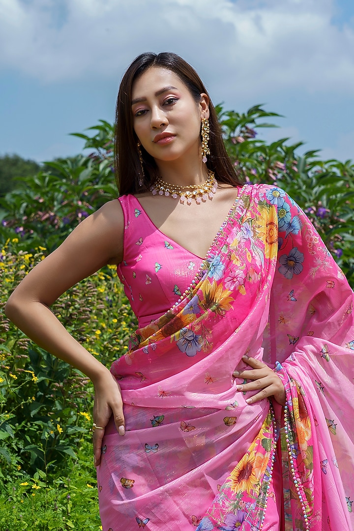 Pink Lurex Georgette Floral Hand Embroidered Pre-Draped Party Wear Saree set by LABEL PRIYANKA KAR at Pernia's Pop Up Shop