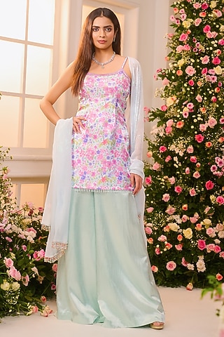 Mint Green Crystal Satin Sharara Set by LABEL PRIYANKA KAR