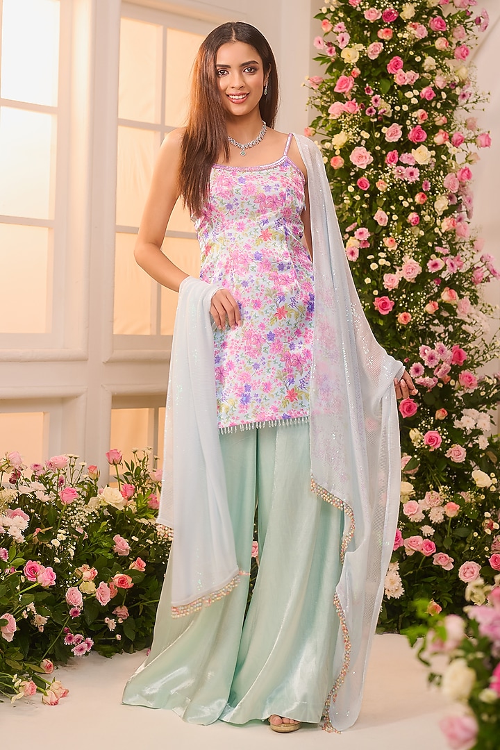 Mint Green Crystal Satin Party Wear Sharara Set by LABEL PRIYANKA KAR at Pernia's Pop Up Shop