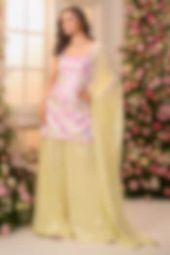 Lime Yellow Crystal Satin Party Wear Sharara Set by LABEL PRIYANKA KAR at Pernia's Pop Up Shop