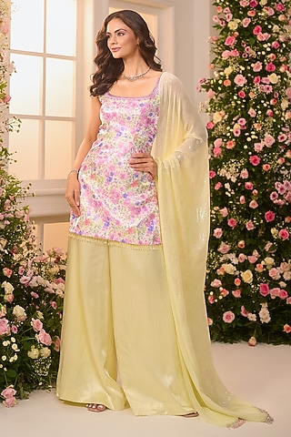 Lime Yellow Crystal Satin Sharara Set by LABEL PRIYANKA KAR