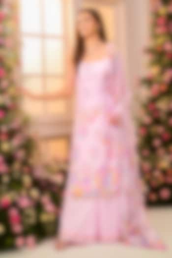 Pink Crystal Satin Floral Printed Party Wear Sharara Set by LABEL PRIYANKA KAR at Pernia's Pop Up Shop