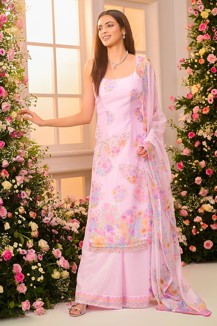 Pink Crystal Satin Floral Printed Party Wear Sharara Set by LABEL PRIYANKA KAR at Pernia's Pop Up Shop