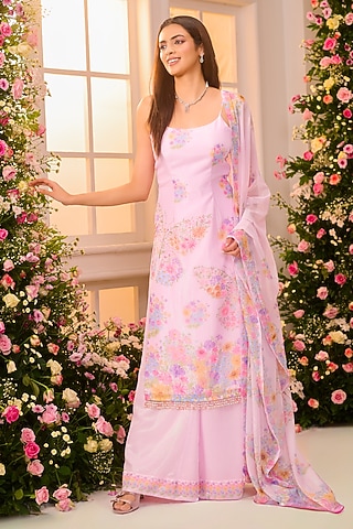 Pink Crystal Satin Floral Printed Sharara Set by LABEL PRIYANKA KAR