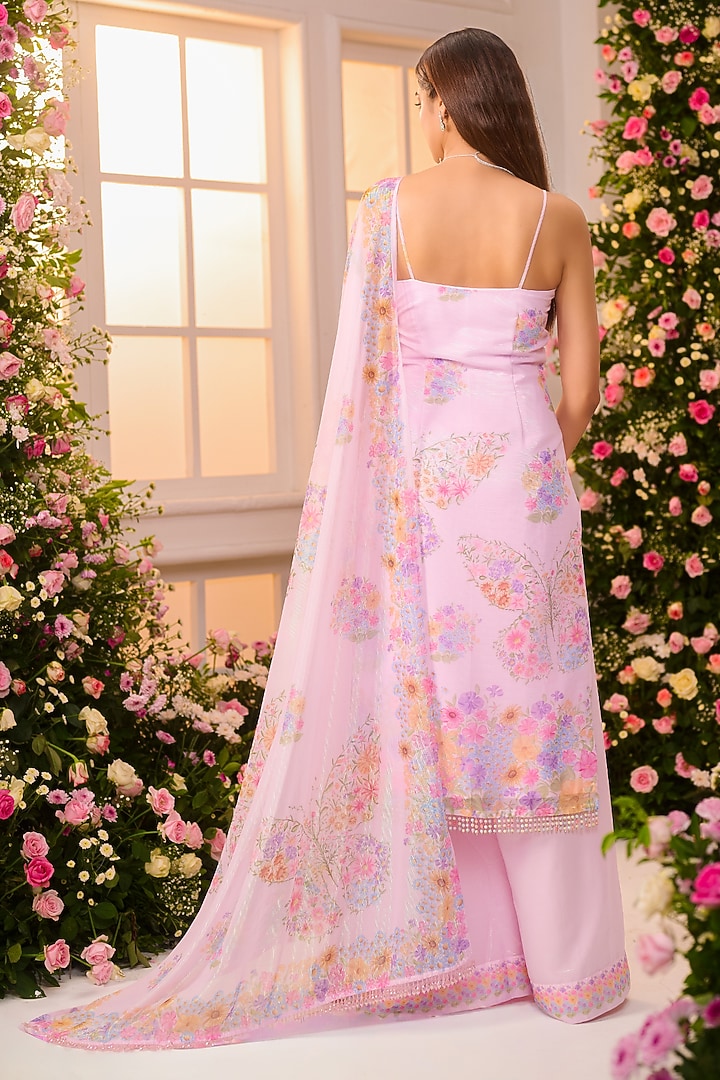 Pink Crystal Satin Floral Printed Party Wear Sharara Set by LABEL PRIYANKA KAR at Pernia's Pop Up Shop