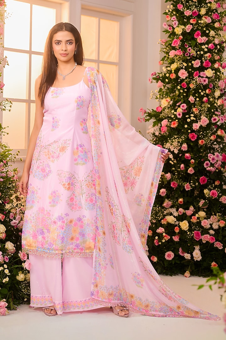 Pink Crystal Satin Floral Printed Party Wear Sharara Set by LABEL PRIYANKA KAR at Pernia's Pop Up Shop
